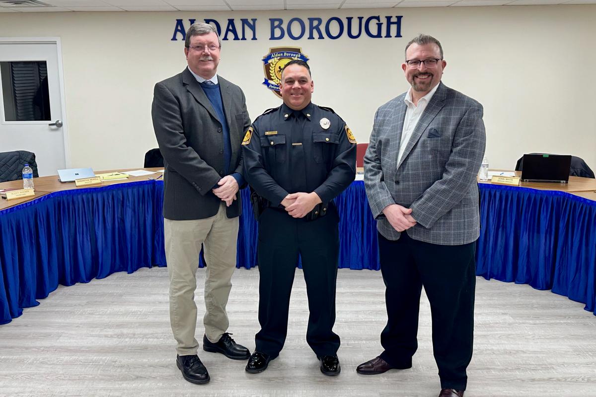 Borough Manager John White, Aldan Police Chief Steve Ziviello, and Mayor Mike Ceci